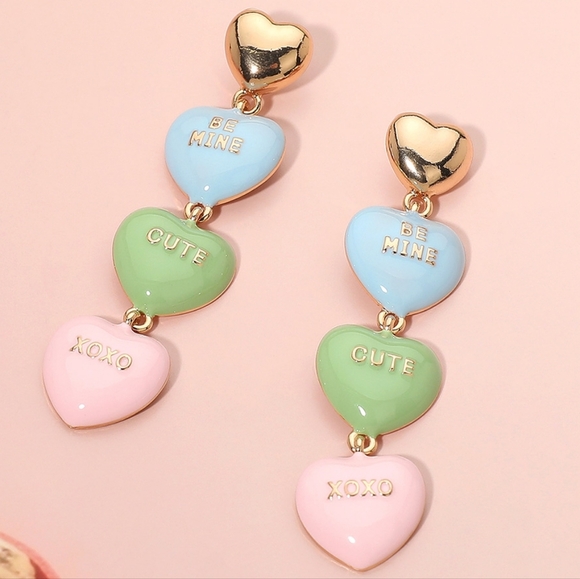 Turquoise Colorful Dangle Heart Earrings Enamel Candy Fun Valentines Jewelry - Picture 3 of 3